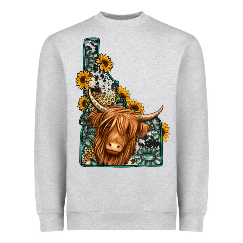 Idaho Map Long Haired Cow Heavyweight Sweatshirt by Jasminsmagicworld | Teevron
