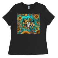 Black bull skull sunflowers Ladies Tee - RanaPortraitStore