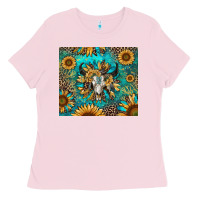 Bubblegum Pink bull skull sunflowers Ladies Tee - RanaPortraitStore