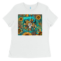White bull skull sunflowers Ladies Tee - RanaPortraitStore