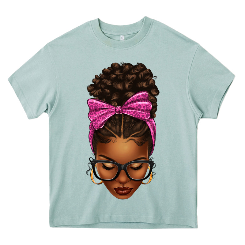 Afro Messy Bun Pink Leopard Bow Heavy Core Tee by texasbilliewilder | Teevron