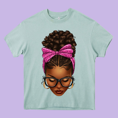Afro Messy Bun Pink Leopard Bow Heavy Core Tee Designed By Texasbilliewilder