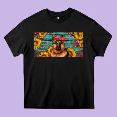 German Shepherd With Sunflowers License Plate Heavy Core Tee Designed By Artiststas