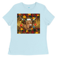 Baby Blue Christmas cow Ladies Tee - RanaPortraitStore
