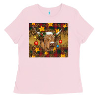 Bubblegum Pink Christmas cow Ladies Tee - RanaPortraitStore