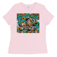 Bubblegum Pink cowgirl sunflower turquoise Ladies Tee - RanaPortraitStore