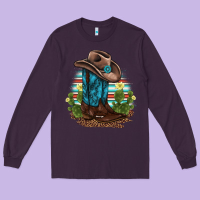 Western Boots And Hat Cactus Leopard Serape Pattern Long Sleeve Tee Designed By Barkaloodesign