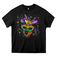 Black Mardi Gras Dachshund Puppy with Mask Heavy Core Tee - RanaPortraitStore