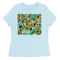 Baby Blue leopard sunflower hearts Ladies Tee - RanaPortraitStore