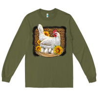 Army Green perched chicken with sunflowers leopard background Long Sleeve Tee - LillyAllenDesigns