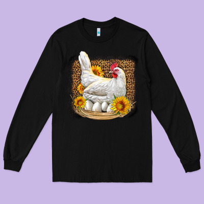Perched Chicken With Sunflowers Leopard Background Long Sleeve Tee Designed By Lillyallendesigns