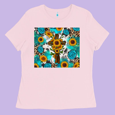 Ladies Tee sunflower cross cowhide gemstones