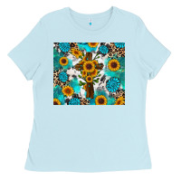 Baby Blue sunflower cross cowhide gemstones Ladies Tee - RanaPortraitStore