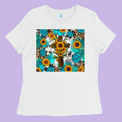 Ladies Tee sunflower cross cowhide gemstones