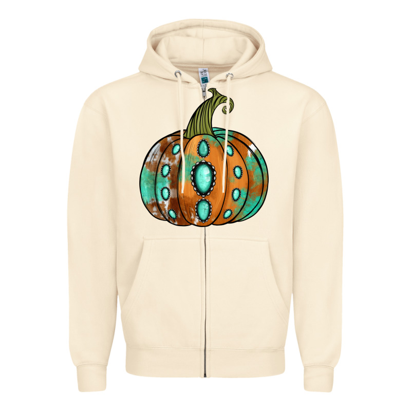 Western Cowhide Turquoise Pumpkin Zipper Hoodie by NancyCooperArtShop | Teevron