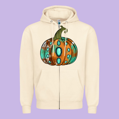 Western Cowhide Turquoise Pumpkin Zipper Hoodie Designed By Nancycooperartshop