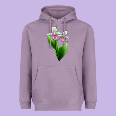 Pink And White Lady's Slipper Flower Heavyweight Hoodie Designed By Lillyallendesigns