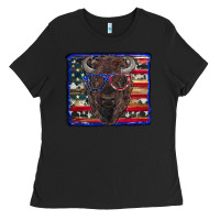 Black bison with american flag Ladies Tee - RanaPortraitStore