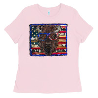 Bubblegum Pink bison with american flag Ladies Tee - RanaPortraitStore