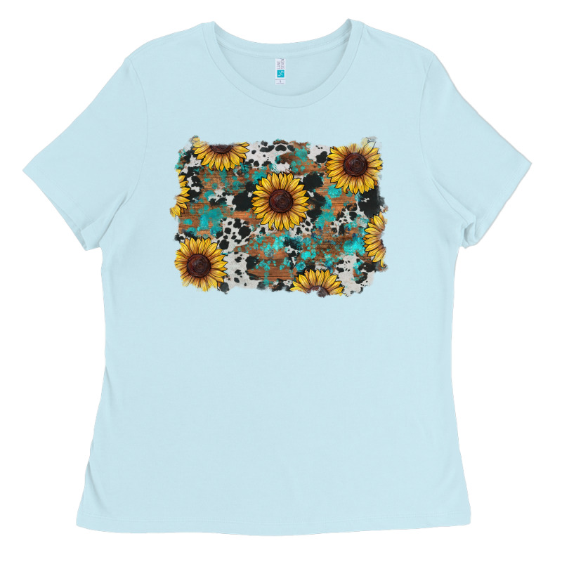 Western Sunflowers Turquoise Cowhide Background Ladies Tee by RanaPortraitStore | Teevron