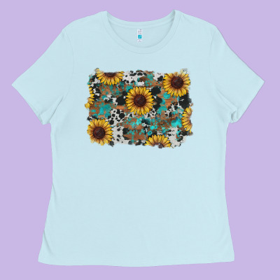 Ladies Tee western sunflowers turquoise cowhide background
