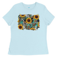 Baby Blue western sunflowers turquoise cowhide background Ladies Tee - RanaPortraitStore