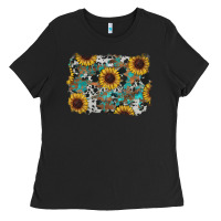 Black western sunflowers turquoise cowhide background Ladies Tee - RanaPortraitStore