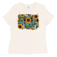 Bone western sunflowers turquoise cowhide background Ladies Tee - RanaPortraitStore