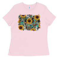 Bubblegum Pink western sunflowers turquoise cowhide background Ladies Tee - RanaPortraitStore