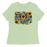 Matcha western sunflowers turquoise cowhide background Ladies Tee - RanaPortraitStore