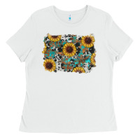 White western sunflowers turquoise cowhide background Ladies Tee - RanaPortraitStore