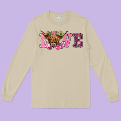 Valentine's Day Love Highland Cow Long Sleeve Tee Designed By Barkaloodesign