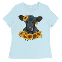 Baby Blue black angus calf with sunflowers Ladies Tee - RanaPortraitStore