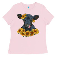 Bubblegum Pink black angus calf with sunflowers Ladies Tee - RanaPortraitStore