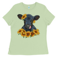 Matcha black angus calf with sunflowers Ladies Tee - RanaPortraitStore