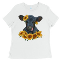 White black angus calf with sunflowers Ladies Tee - RanaPortraitStore