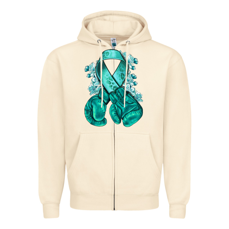 Ovarian Cancer Teal Ribbon With Boxing Gloves Zipper Hoodie by NancyCooperArtShop | Teevron