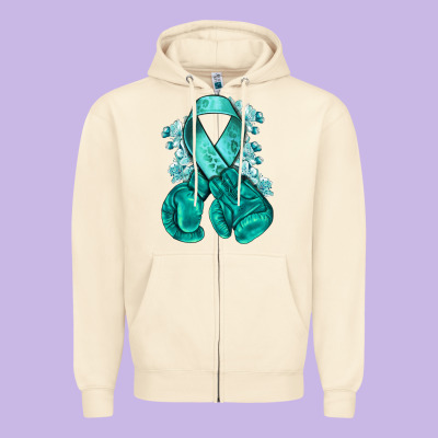 Ovarian Cancer Teal Ribbon With Boxing Gloves Zipper Hoodie Designed By Nancycooperartshop