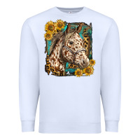 White appaloosa horse with sunflowers and western background Premium Sweatshirt - LillyAllenDesigns