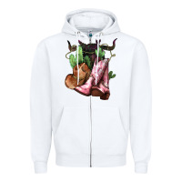 White cowgirl boots hat horns cactus Zipper Hoodie - NancyCooperArtShop