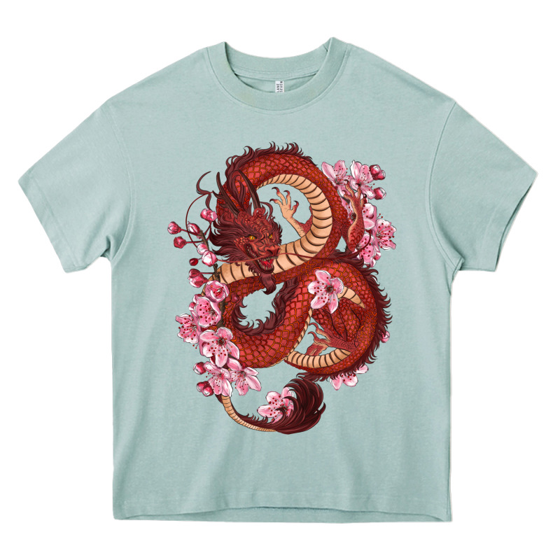 Red Dragon And Sakura Cherry Blossoms Heavy Core Tee by RanaPortraitStore | Teevron