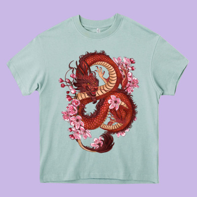 Heavy Core Tee red dragon and sakura cherry blossoms