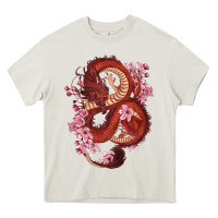 Cream red dragon and sakura cherry blossoms Heavy Core Tee - RanaPortraitStore