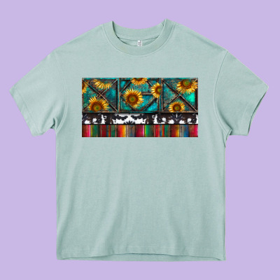 Heavy Core Tee Rusty Sunflowers with Cowhide and Turquoise