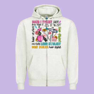 Hair Stylist Typography Zipper Hoodie Designed By Maliassmallbusiness