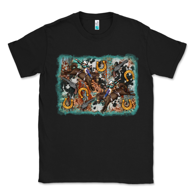 Bucking Bronco Rodeo Revolver Western Background Classic Tee by AdoDesignShop | Teevron