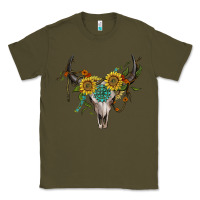 Army Green boho bullskull with sunflower and gemstone Classic Tee - Artiststas