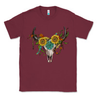 Burgundy boho bullskull with sunflower and gemstone Classic Tee - Artiststas