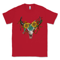 Red boho bullskull with sunflower and gemstone Classic Tee - Artiststas