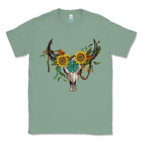 Sage boho bullskull with sunflower and gemstone Classic Tee - Artiststas